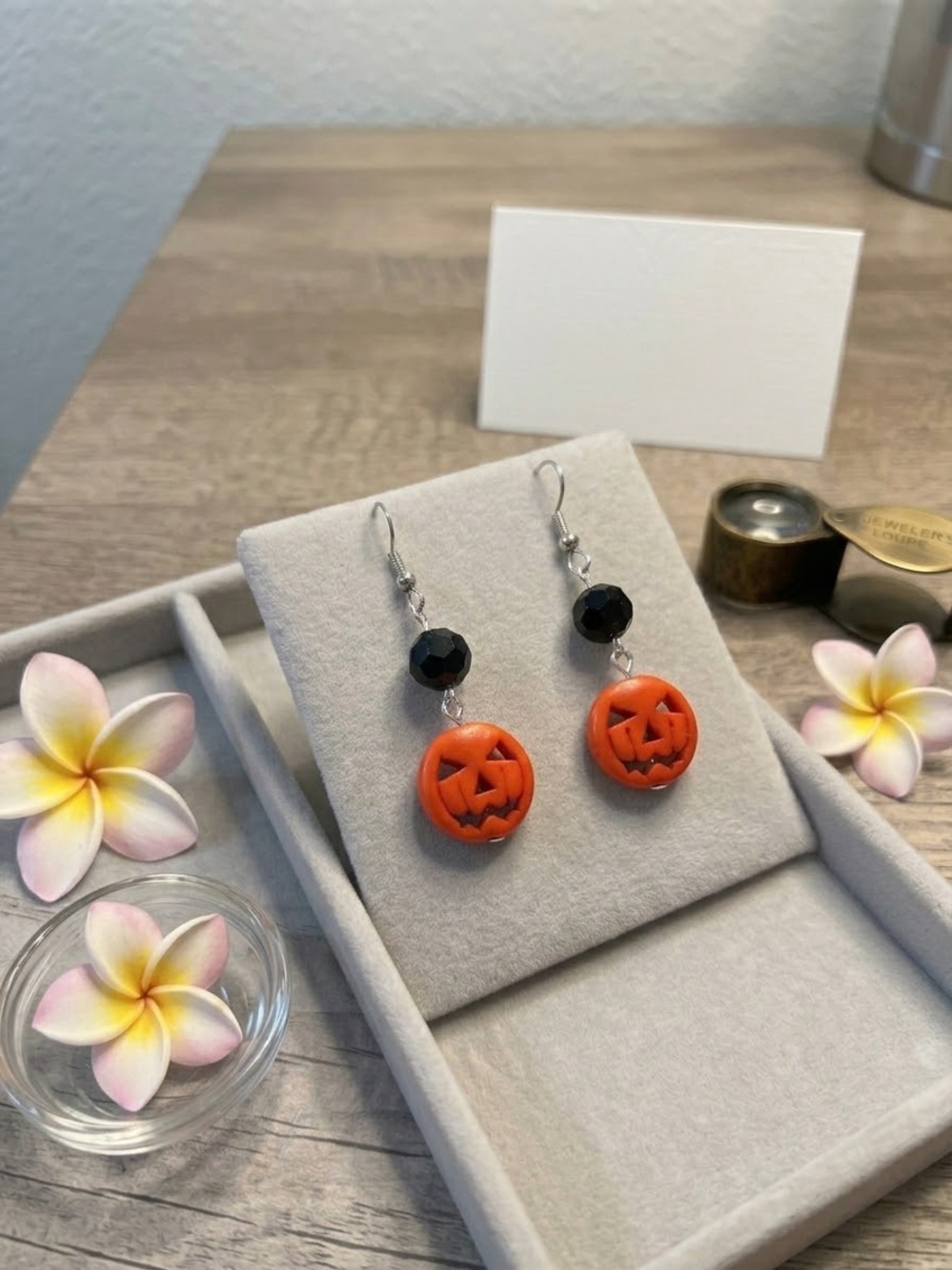 Halloween Jack-O'-Lantern Dangle Earrings with Black Beads - Orange